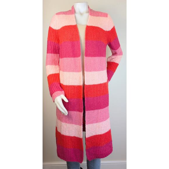 LOFT Red Pink Wide Stripe Open Cardigan Duster Fuzzy Sweater Pockets Size Large - Picture 3 of 9